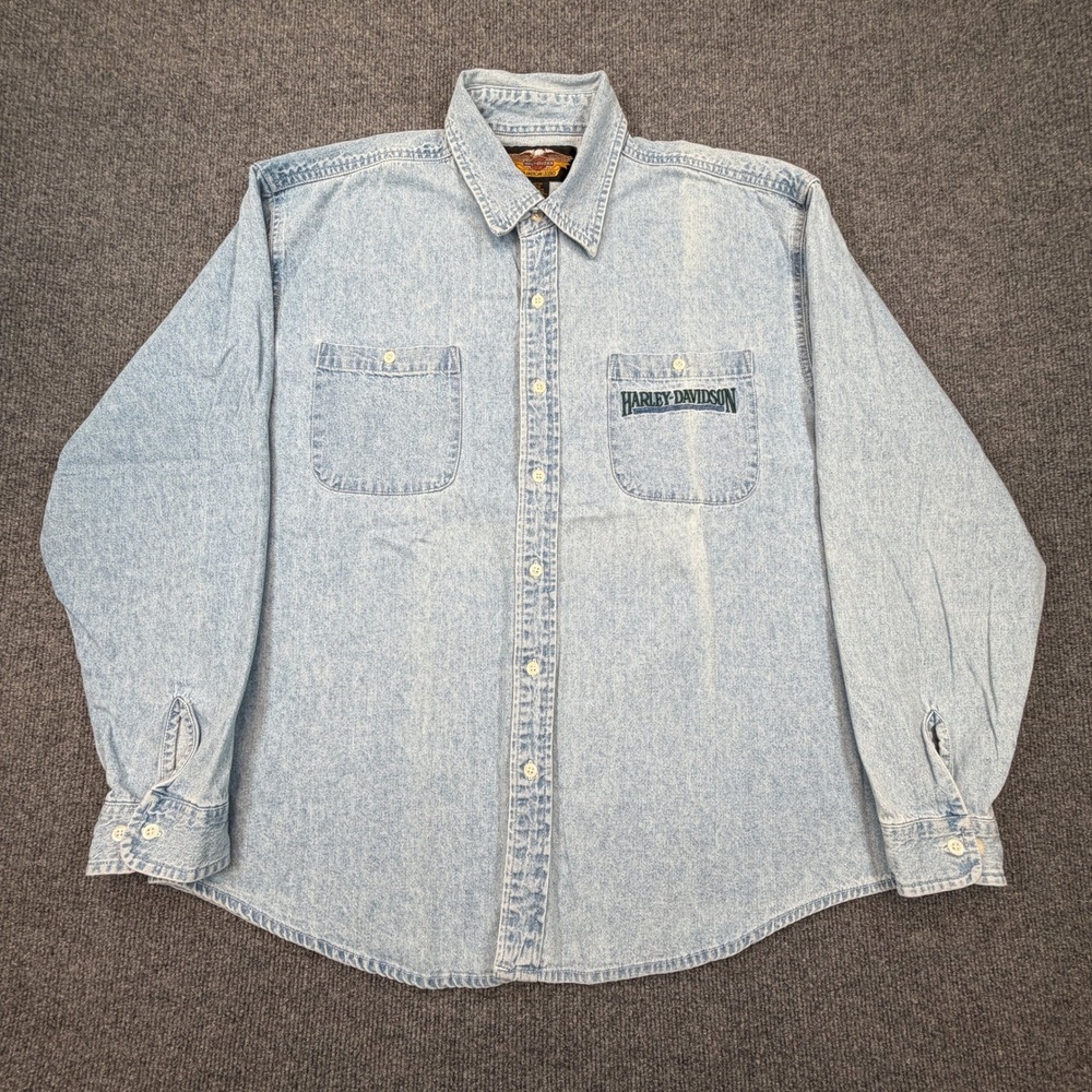 Harley-Davidson Denim Shirt Mens XL Light Wash Long Sleeve Biker FADE PLS READ - Picture 2 of 7
